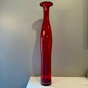 Tall art red glass curvy bottle. Approx. 19”H. Beautiful Czechoslovakian glass